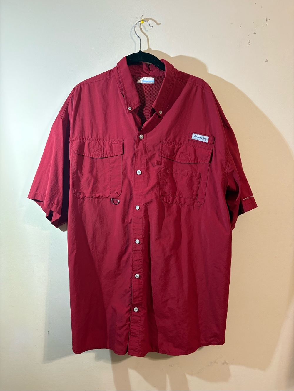 Columbia PFG fishing shirt men’s XL short-sleeve button-down red burgundy Omni